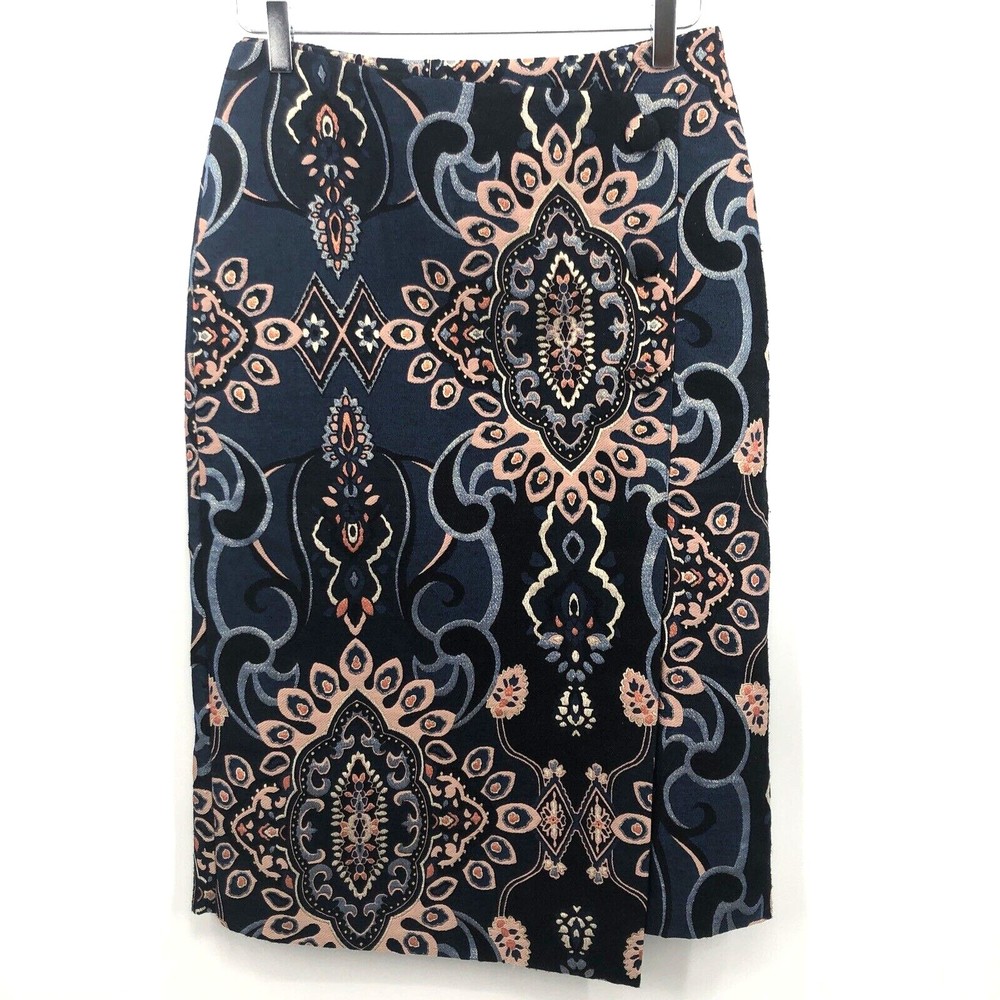 Halogen Brocade Straight Skirt Size 6 Navy Blue Faux Wrap Metallic Lined Zip NEW